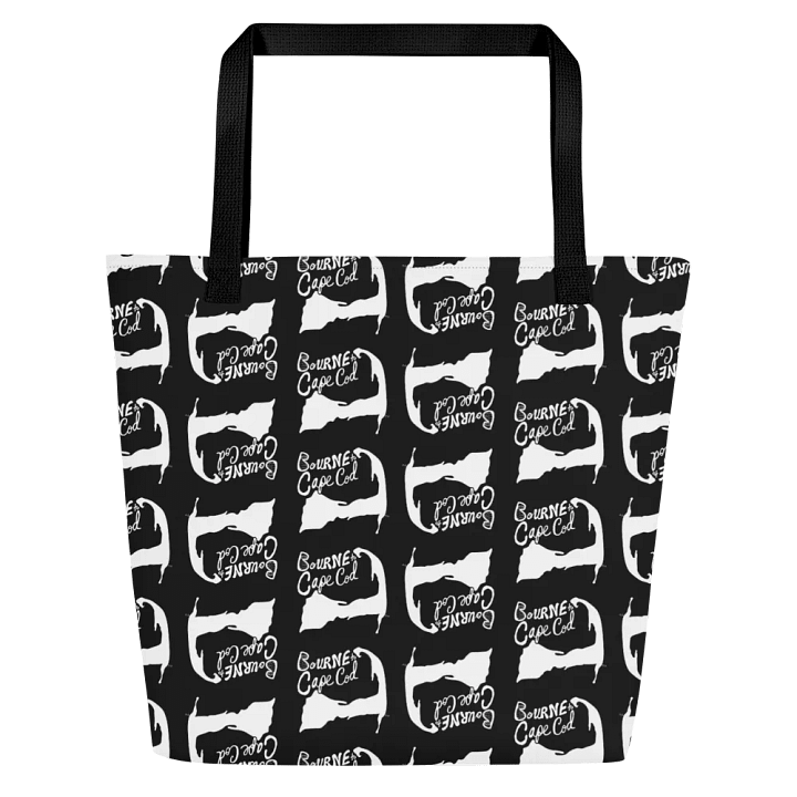BOURNE to Cape Cod™ | Large Tote Bag with Pocket | Coastal Classic | All-Over Logo Print | White Logo Repeat on Black product image (1)