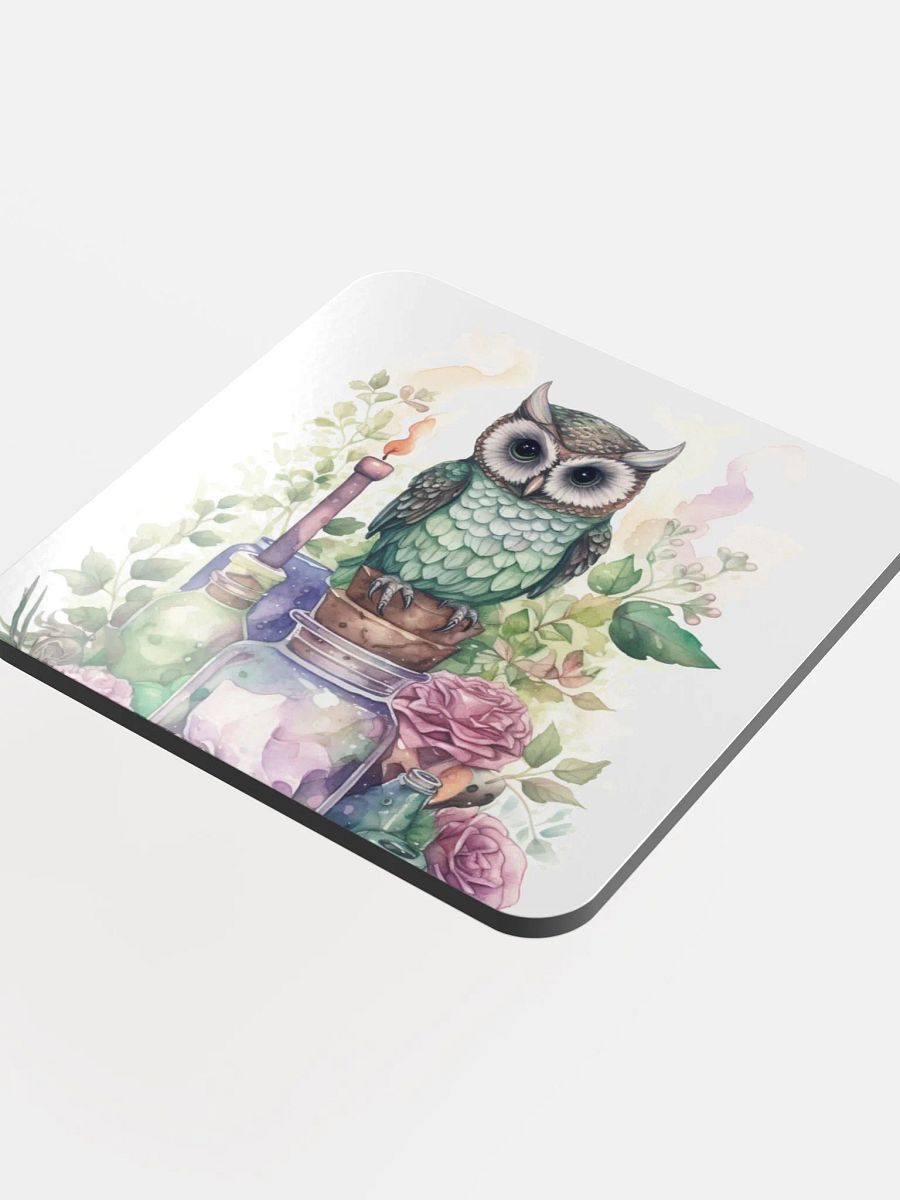 Glossed Cork Coaster 🦉 Peaceful Green with a Hint of Pink - Owls Vibes - Motif 4 product image (4)