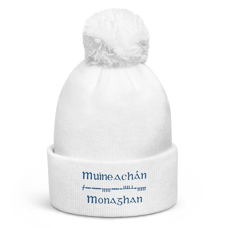 Monaghan/Muineachán Scholastic style Ogham, white with blue, embroidered Pom-Pom Beanie product image (1)