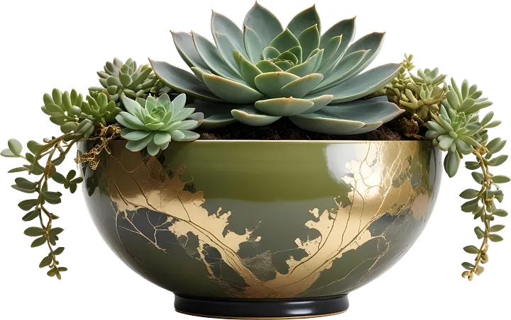 Kintsugi Harmony – Olive Green Planter with Succulents PNG product image (1)