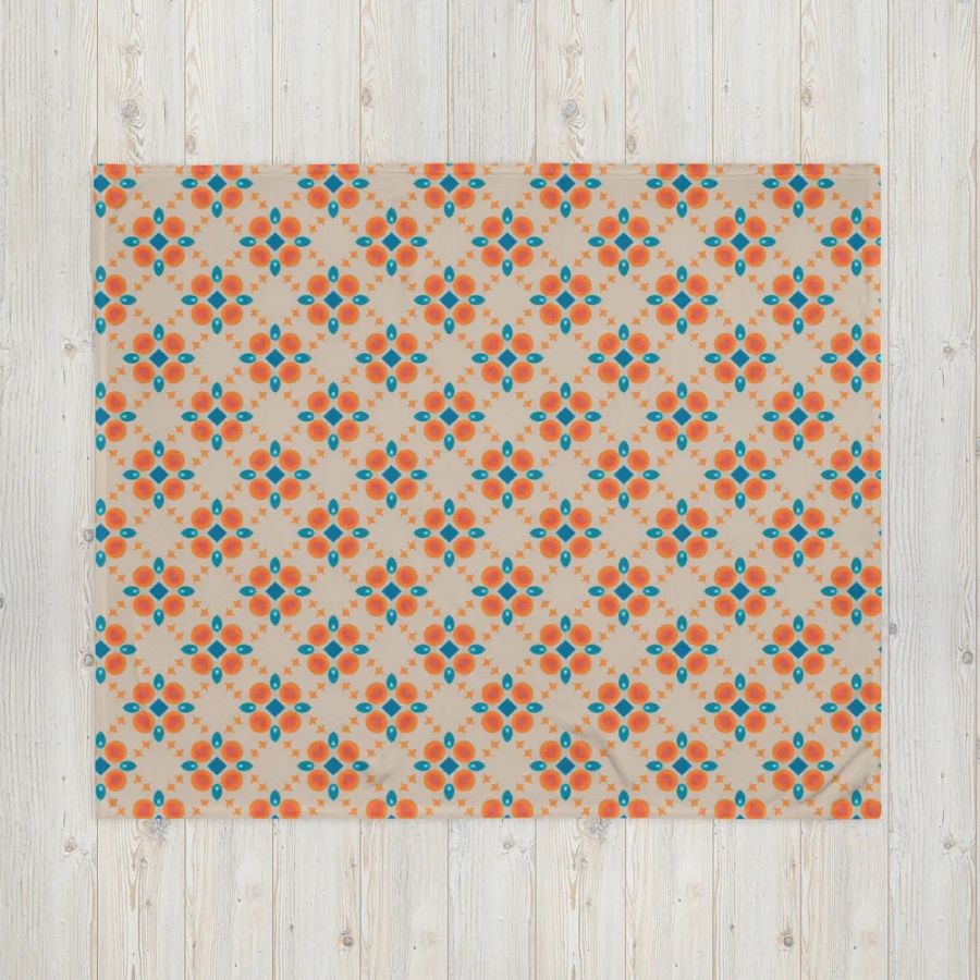 Cream Orange & Blue Diamond Floral Throw Blanket product image (7)