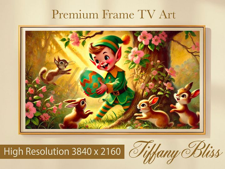 Spring Samsung Frame TV Art, Easter Elf and Bunnies Painting, Retro Art for TV product image (1)