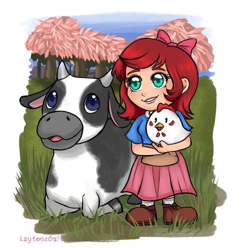 The mood struck me to do some Harvest Moon related art again, 
So here's my sona with one of her cows and chickens! :) 
I've ...