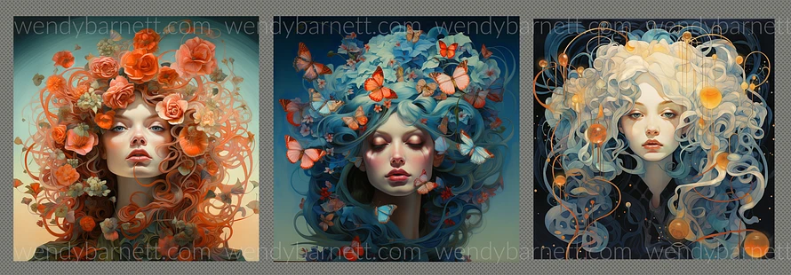 Three images from the Decorative Hair Series, A red head with flowers, a blue hair woman with butterflies in her hair, a pale blonde with orange orbs in her hair. 