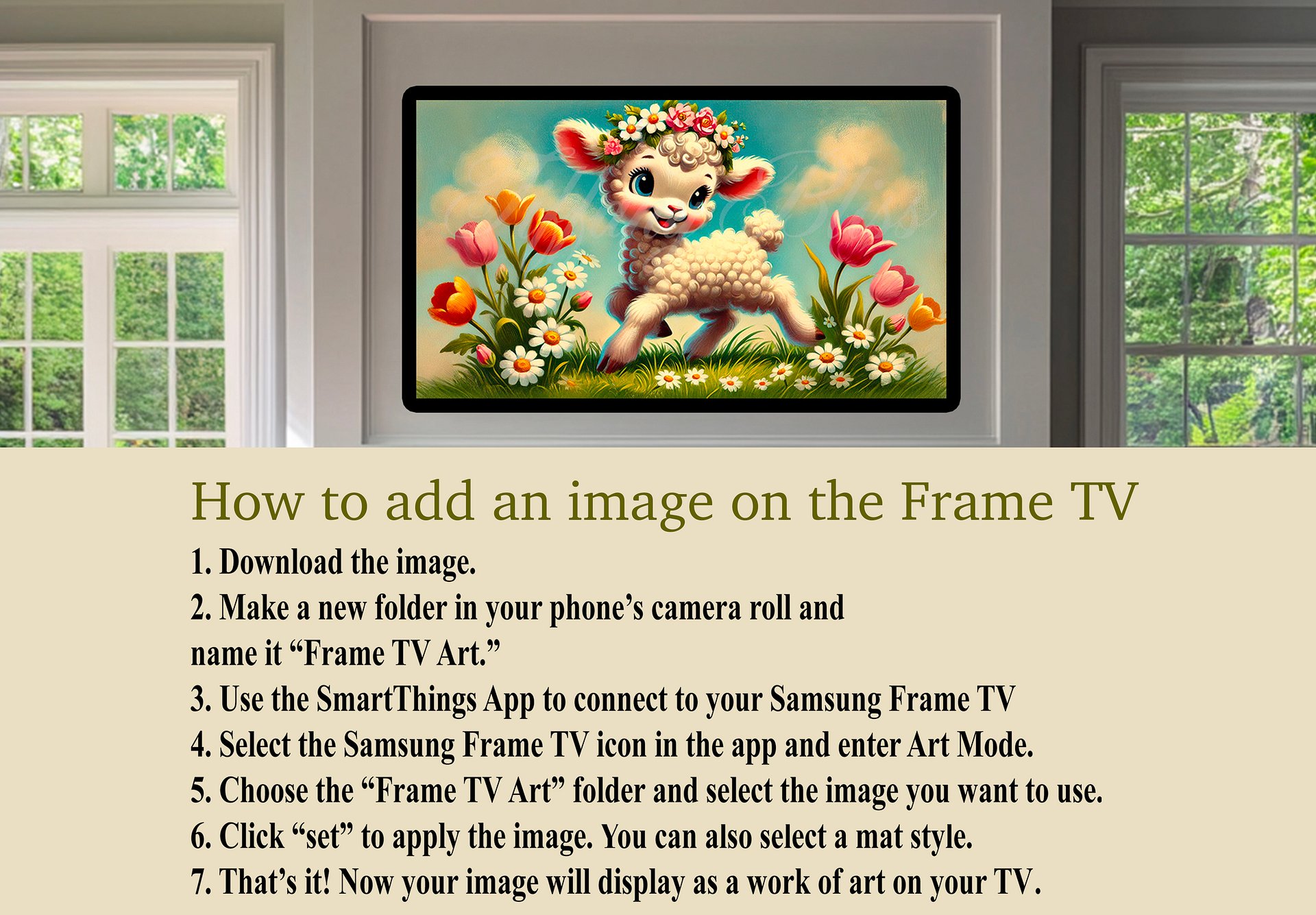 Spring Frame TV Art, Lamb and Flowers Painting, Country, Cute Easter Decor, Digital Download product image (4)