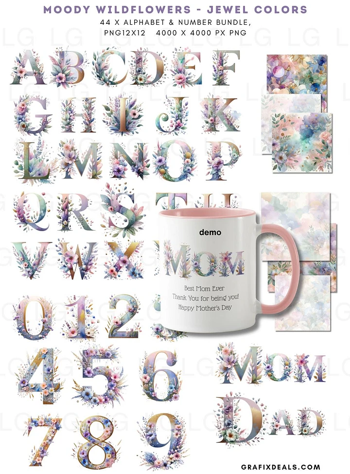 44 Moody Purple Wildflower Decorated Alphabet and Numbers Graphics Bundle - Commercial POD Use product image (1)