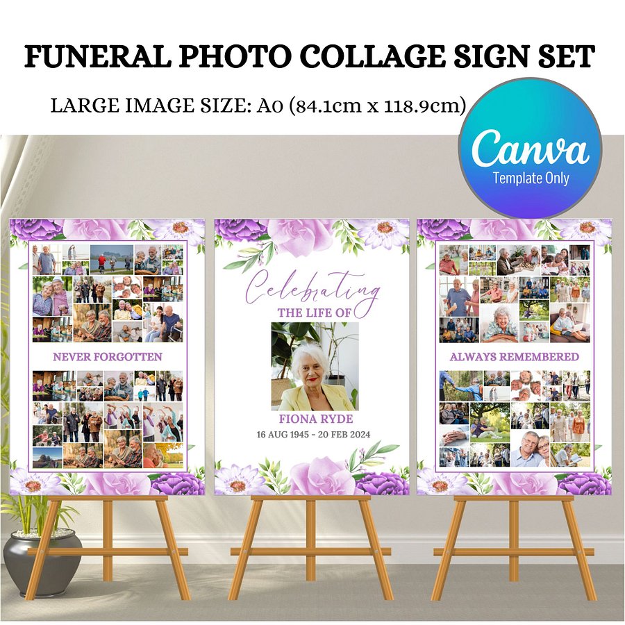 Purple Pink Flowers Funeral Photo Collage Sign Set Canva Template product image (1)