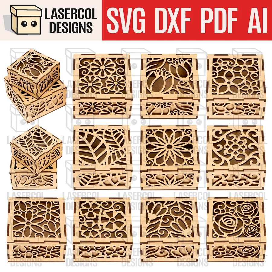 Boxes Bundle Set 1 & 2 (2 Sizes, 10 Styles Each) - Laser Cut Files product image (3)
