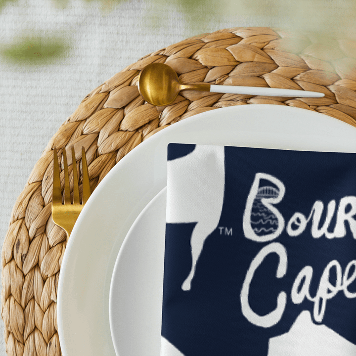 🌀BOURNE to Cape Cod™ | Cloth Napkin Set (4) | Coastal Dining Essentials | White Logo Repeat on Navy Blue product image (2)