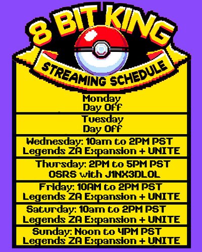Streaming schedule for this week!  We got OSRS with @j1nx3dlol on Thursday, and the rest of the week is all #PokemonLegendsZA...