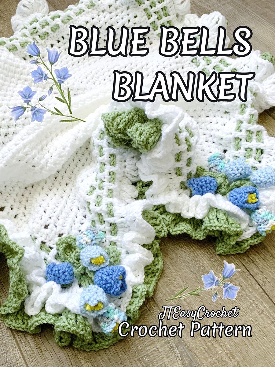 Blue Bells Flower Baby Girl Blanket Crochet Pattern, Infant Coming Home Blanket Floral Boho Throw Vintage Style product image (6)