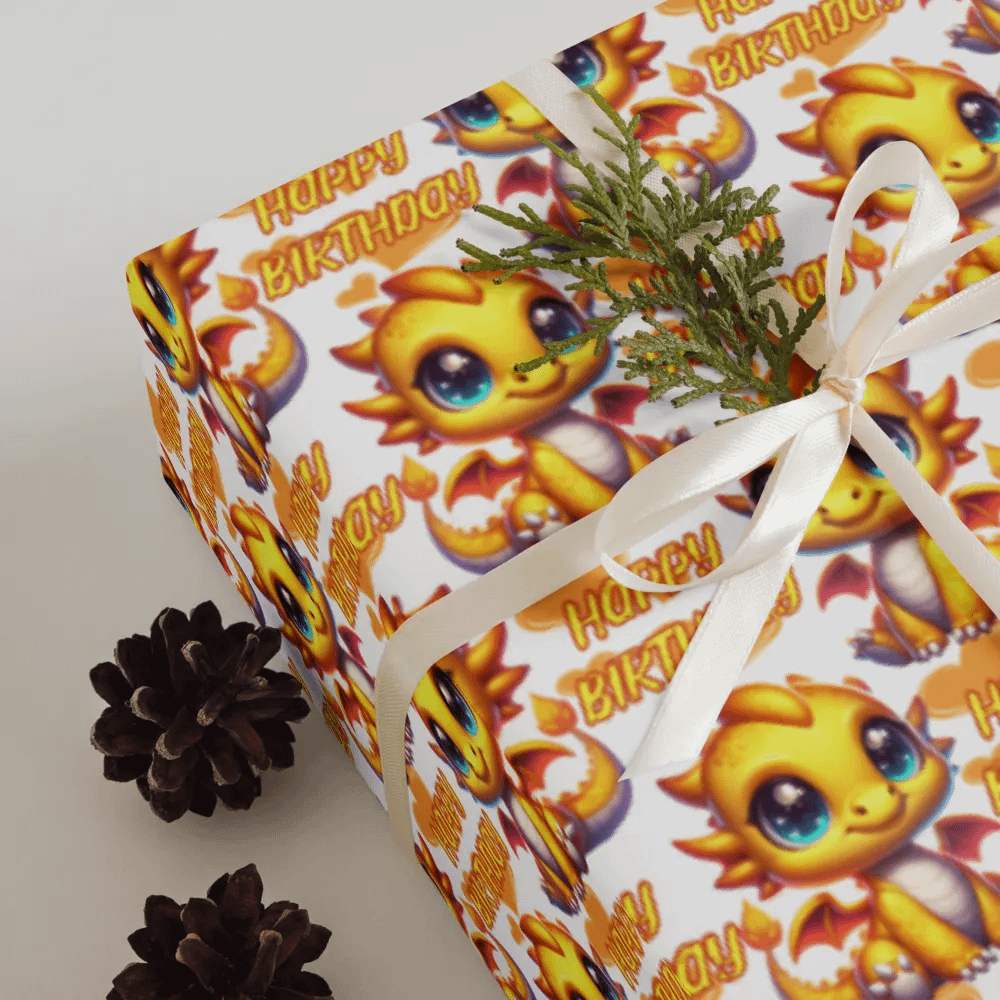 Happy Birthday Baby Dragon Gift Wrapping Paper 3 Sheet Set #1 Yellow Baby Dragon product image (3)