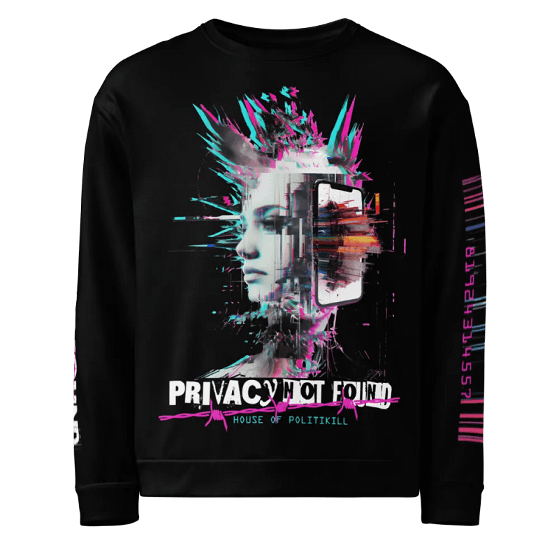 CYBERPUNK GLITCH PUNK UNISEX SWEATSHIRT - PRIVACY NOT FOUND, ANARCHIST DYSTOPIAN STREETWEAR