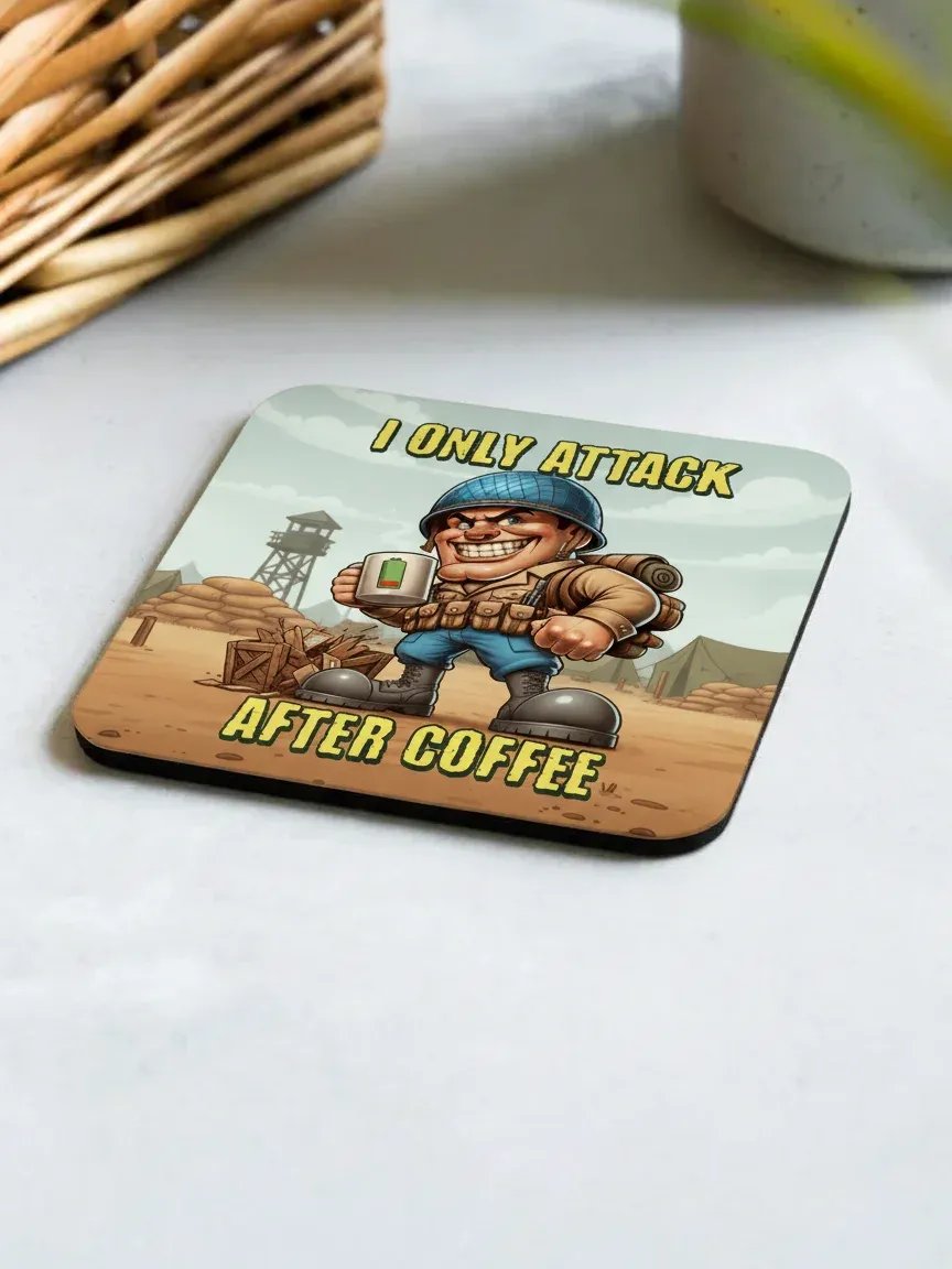 I Only Attack After Coffee — Glossed Cork Gaming Coaster product image (1)