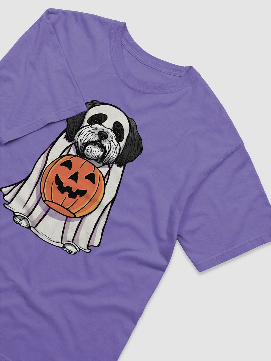 Funny Halloween Shih Tzu(Black & White) T-Shirt | Funny Dog Wearing a Ghost Costume and Holding a Pumpkin Basket product image (25)