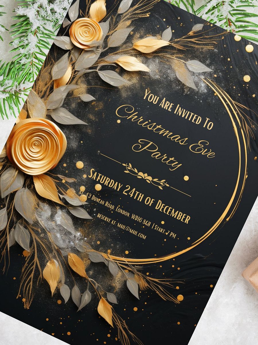 Gold Rose 3D Christmas Eve Party Invitation | Editable in Canva | Christmas Party Printable | Holiday Invitation Template | Link to Canva product image (3)