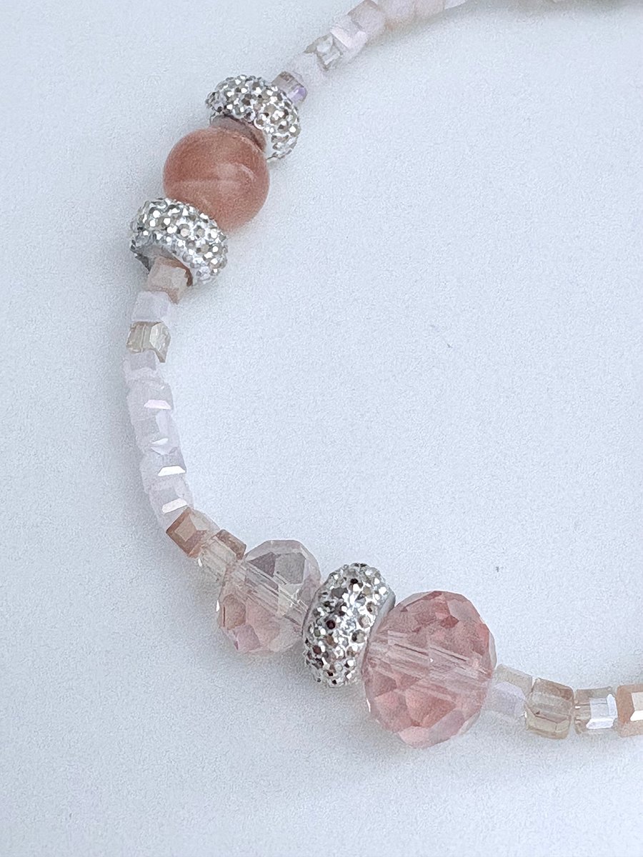 Blush Whisper | Faceted & Iridescent Bead stretch Bracelet with Lobster Clasp | Handmade 7.5" Coastal Charm | by Monique Faella Designs™ | MFD-00053 product image (2)