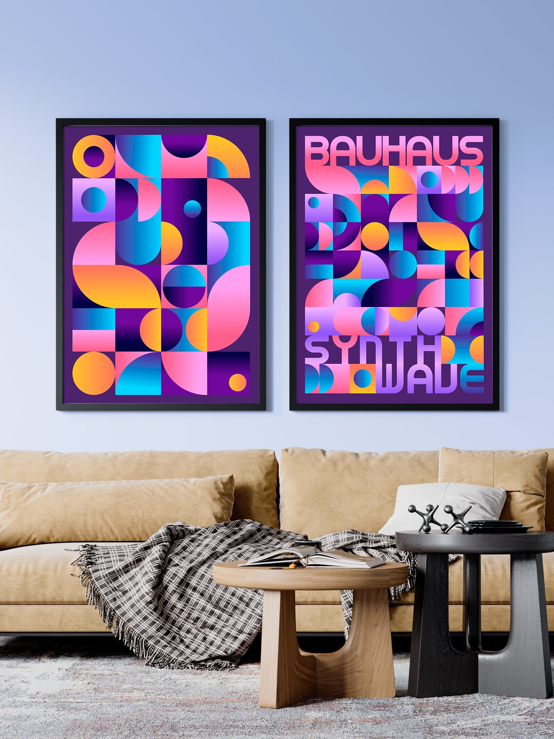 Synthwave Bauhaus Neon poster #1 (dark purple-pink) — abstract poster, retrowave print, vaporwave geometric art, 1980s print, 1930s decor product image (2)