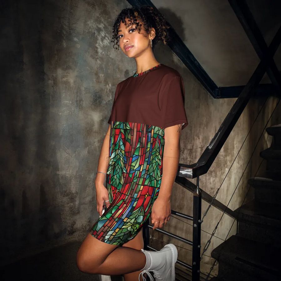 Stained Glass Christmas Tree T-Shirt Dress product image (12)