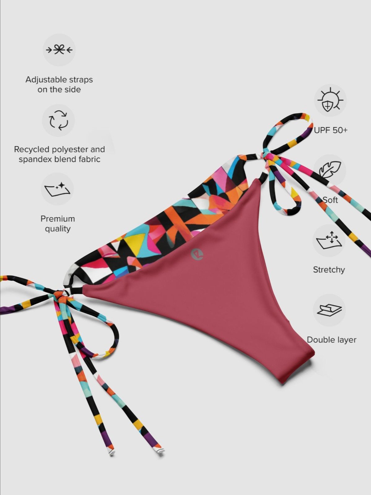 Recycled String Bikini Bottom "Colorful Modern Abstract Checkered Art Printed" product image (6)
