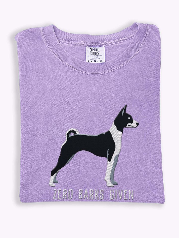 Zero Barks Given T-Shirt(Embroidered) of a Basenji(Black & White) product image (1)