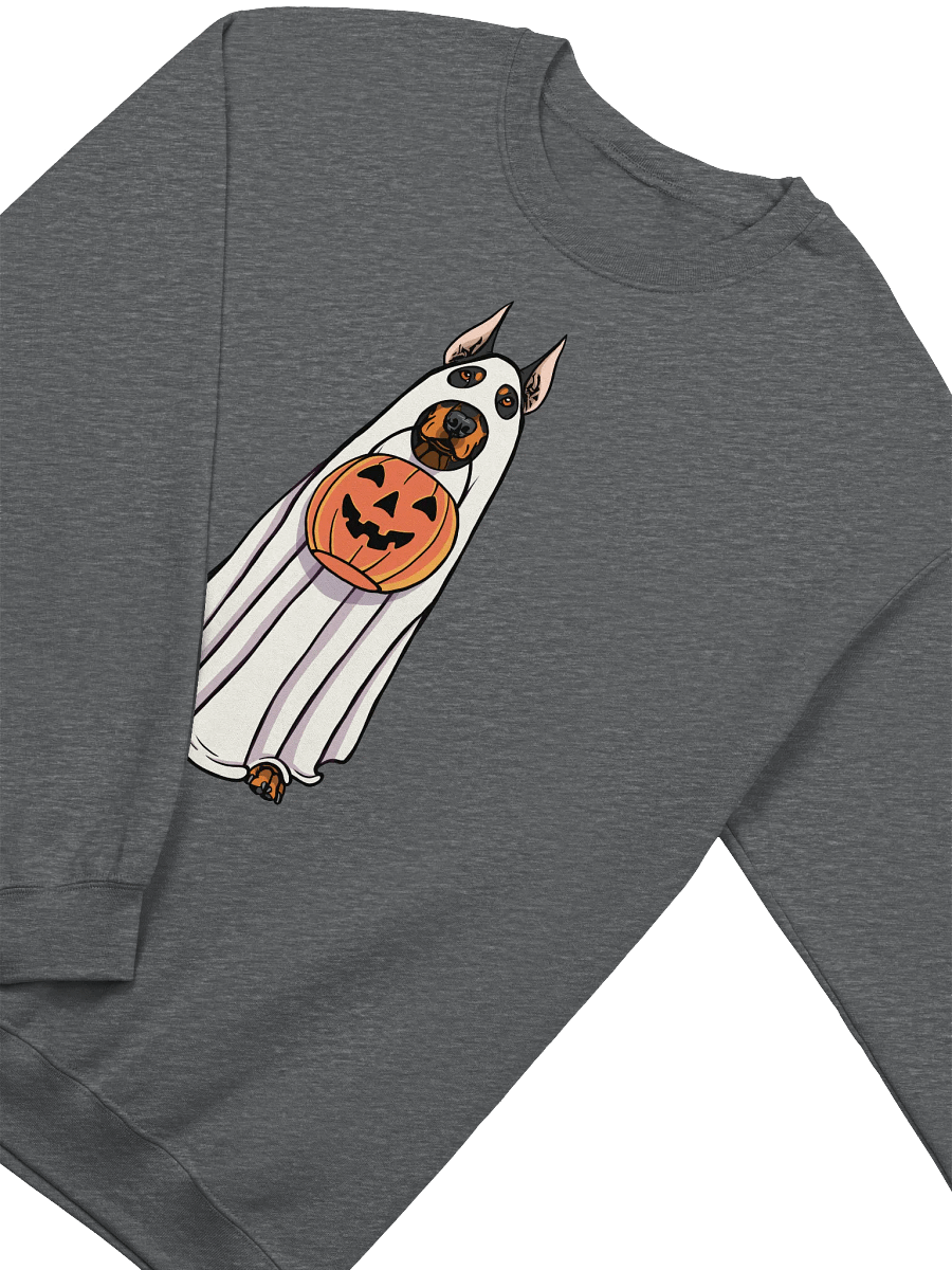 Funny Halloween Doberman Sweatshirt | Funny Doberman Wearing a Ghost Costume and Holding a Pumpkin Basket product image (4)