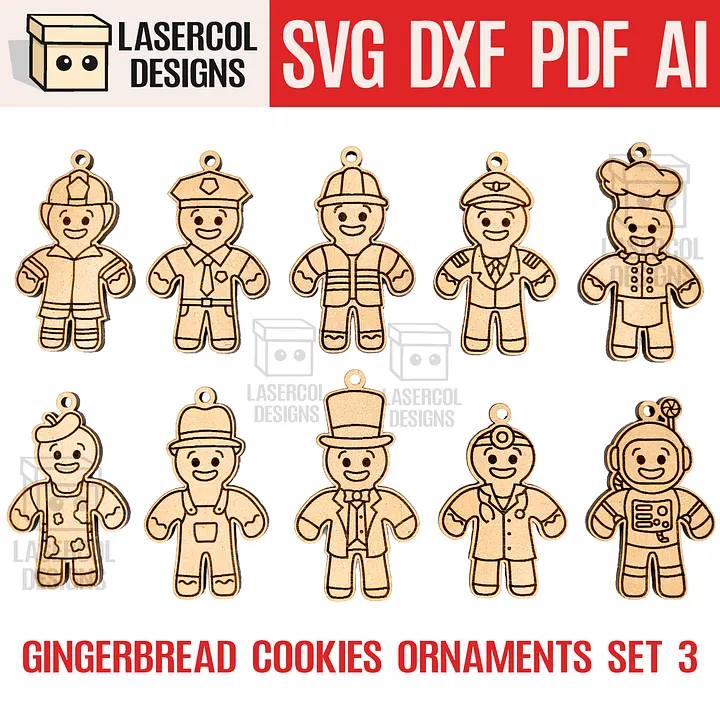 Gingerbread Cookies Christmas Ornaments Set 3 - Laser Cut Files product image (1)