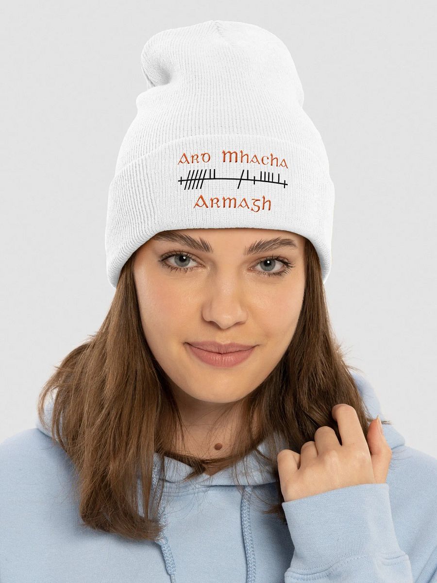 Armagh/Ard Mhacha Orthodox Style Ogham, white with Tangerine and Black, embroidered cuffed Beanie product image (3)