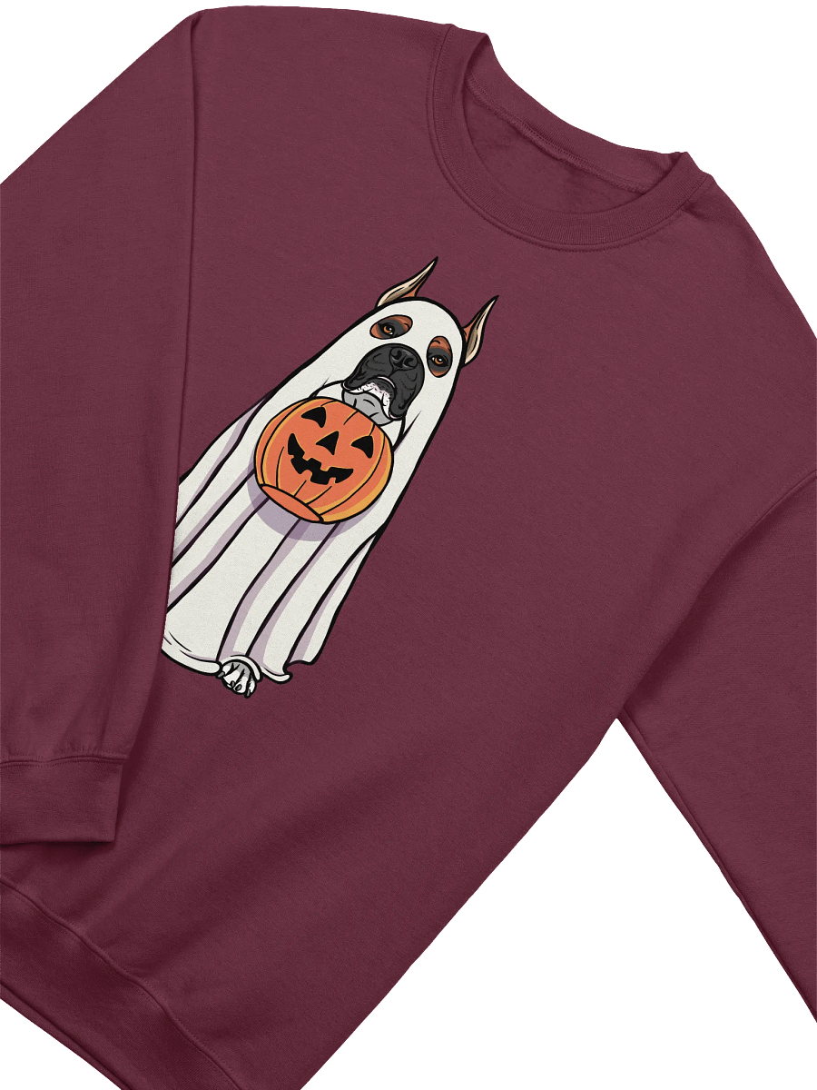 Funny Halloween Boxer Dog(Black Mask, Cropped Ears) Sweatshirt | Funny Boxer Wearing a Ghost Costume and Holding a Pumpkin Basket product image (4)