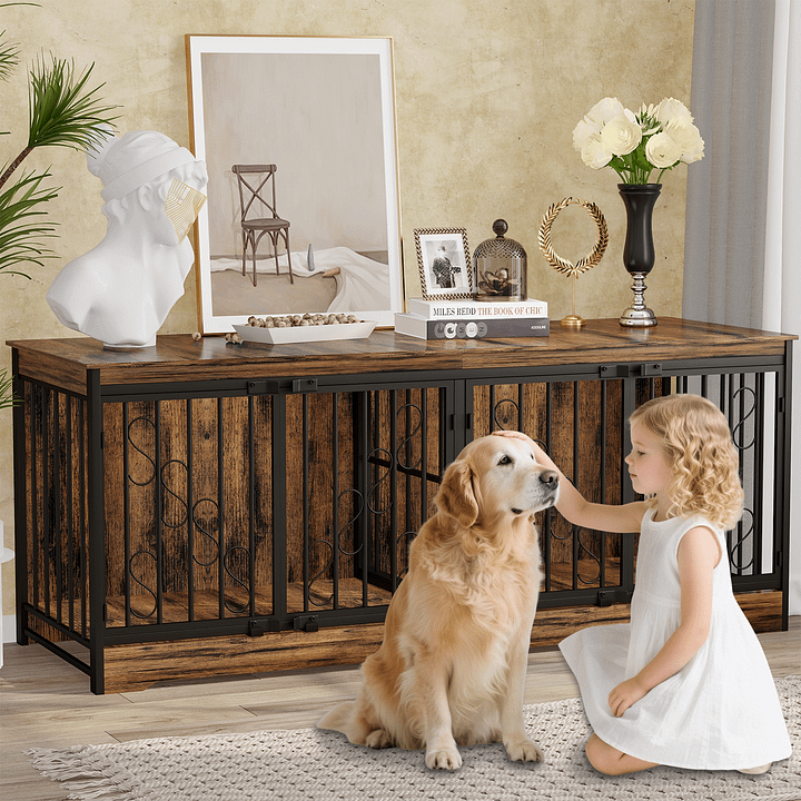 71 Inch Double Dog Crate Furniture, Extra Large Dog Kennel Indoor for 2 Dogs, Heavy Duty Wooden Dog House with Divider, Pet House Decorative as Table & TV Stand for X Large Dogs ( Brown) product image (1)