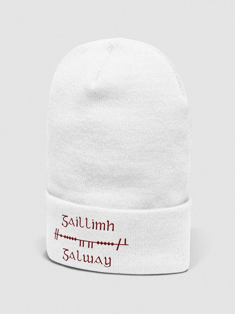Galway/Gaillimh Scholastic style Ogham, White with Maroon, embroidered Cuffed Beanie product image (2)