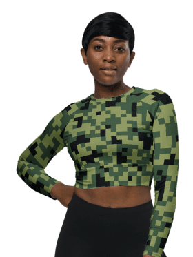 Military Green Camouflage Pixels Camo Pattern Long Sleeve Crop Top product image (2)
