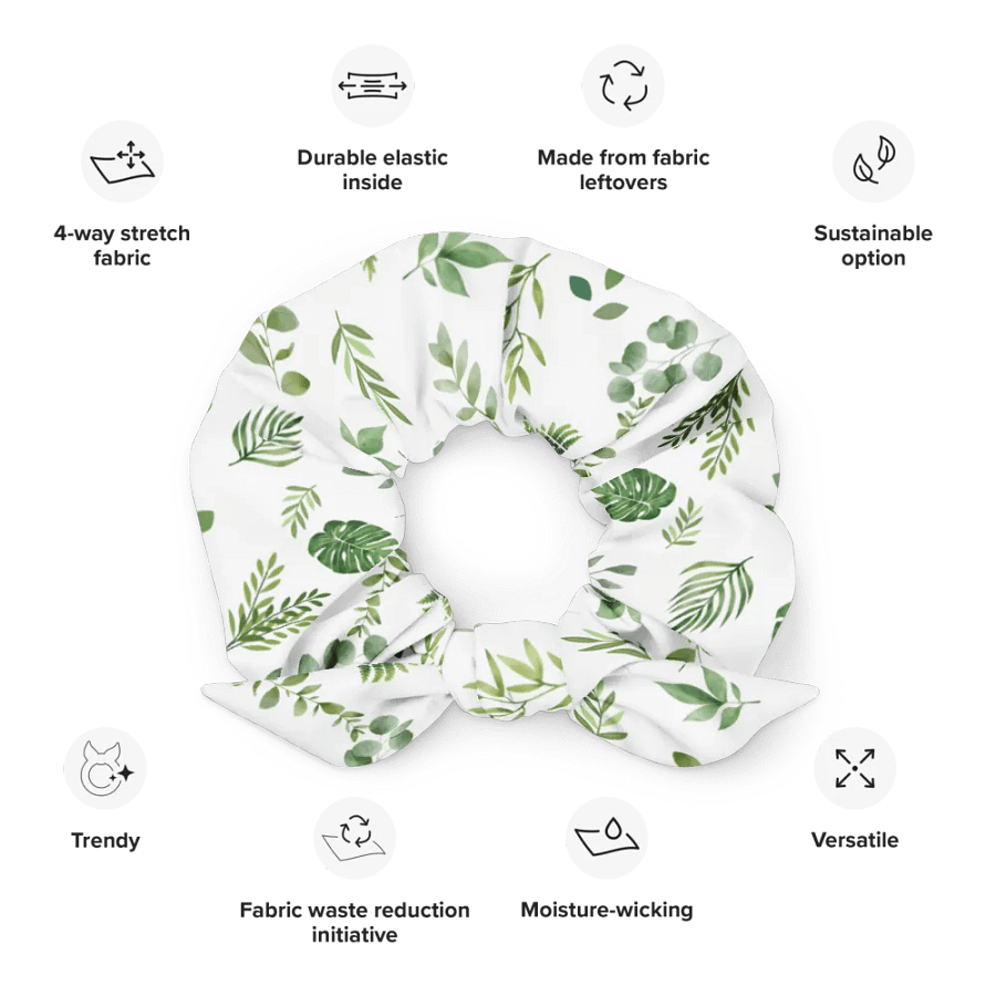 Green leaves pattern on white background Scrunchie with bow product image (5)