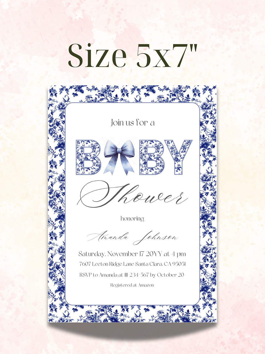 Blue Bow and Chinoiserie Baby Shower Invitation, Floral Toile de Jouy Themed Invite Boy Baby Shower Party, Digital Download product image (4)