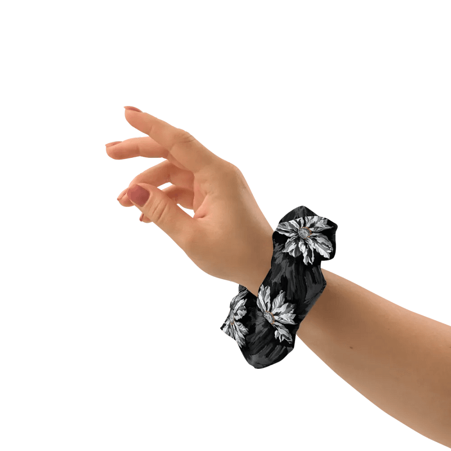 Hair Scrunchie - Painted Gray Flowers on a Black Background product image (8)