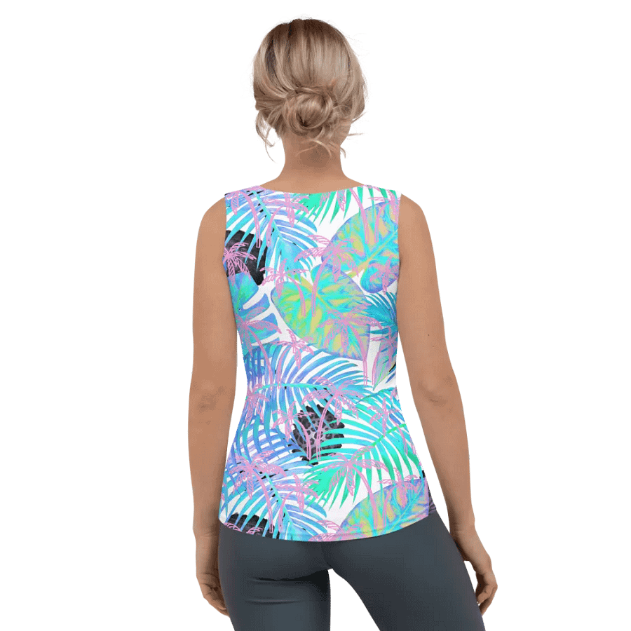 Ladies tank top  all over print blue and pink palm leaf tropical design giving a fresh holiday  feel. product image (4)