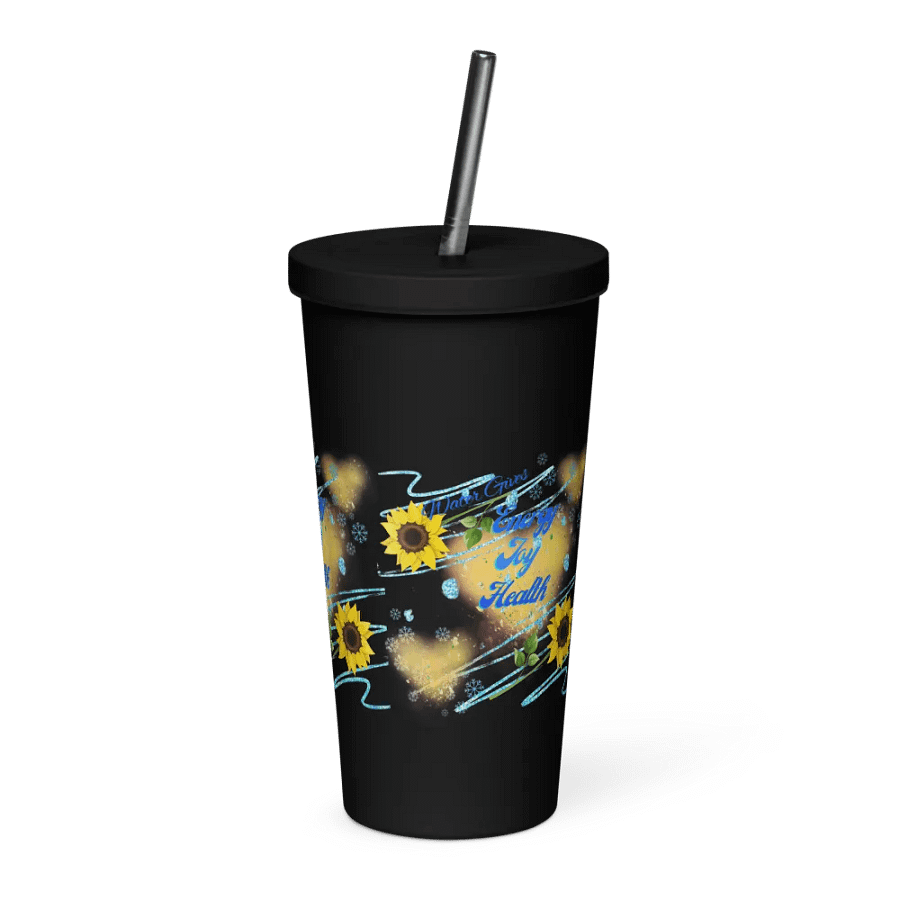 Insulated Tumbler with straw with beautiful swirly  water drop splash and drops design, featuring ‘This water gives Harmony in Body and Mind