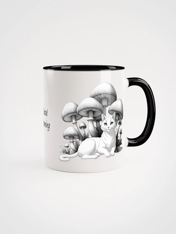 Black Cat and White Cat Resting Under Giant Mushrooms Coloured Mug product image (1)
