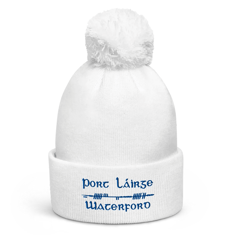 Waterford/Port Láirge, Scholastic style Ogham, white with blue, embroidered Pom-Pom Beanie