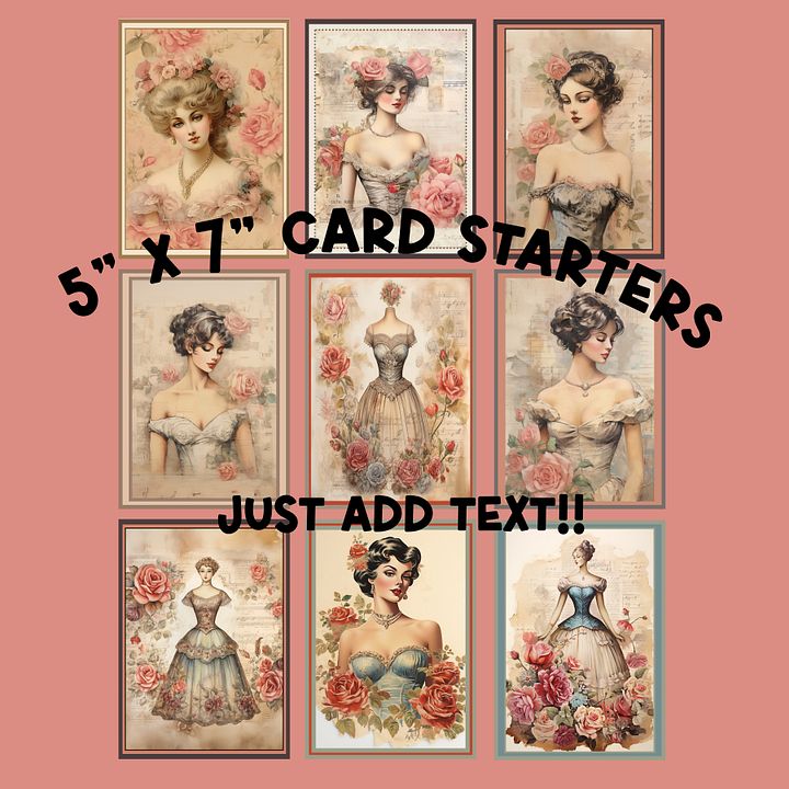 Elegant Printable 5x7 Card STARTERS with Ladies and Roses Plus BONUS of 15 Sayings to use on Your Cards! product image (2)