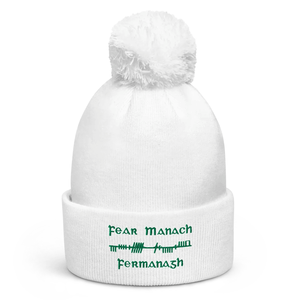 Fermanagh/Fear Manach Orthodox style Ogham, white with green, embroidered Pom-Pom Beanie product image (1)