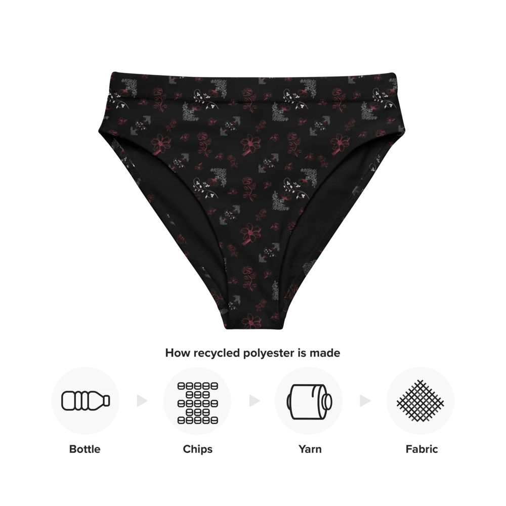 Magenta and White Flowers on Black Eco-Green Bikini Swimsuit Bottoms product image (9)