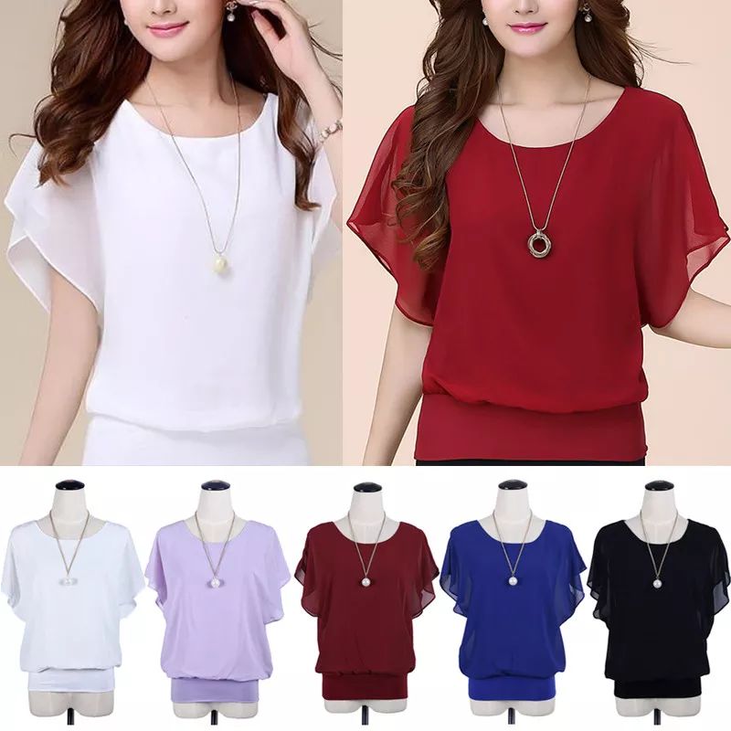 Women Batwing Short Sleeve Chiffon Shirt Summer Tops Loose Blouse Fall Polyester product image (1)