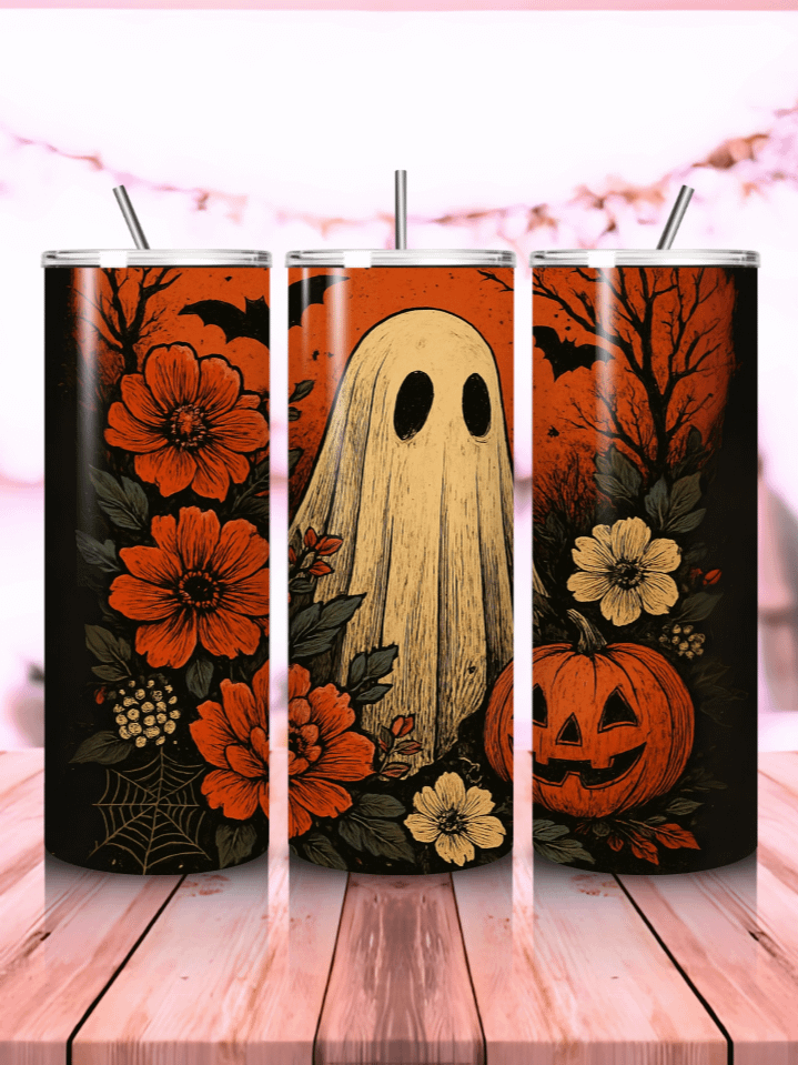 Floral Ghost Tumbler Wrap PNG – 20oz Skinny Sublimation Design with Spooky Cute Halloween Theme & Elegant Flower Accents – Perfect Fall Gift – 300 DPI Instant Digital Download product image (1)