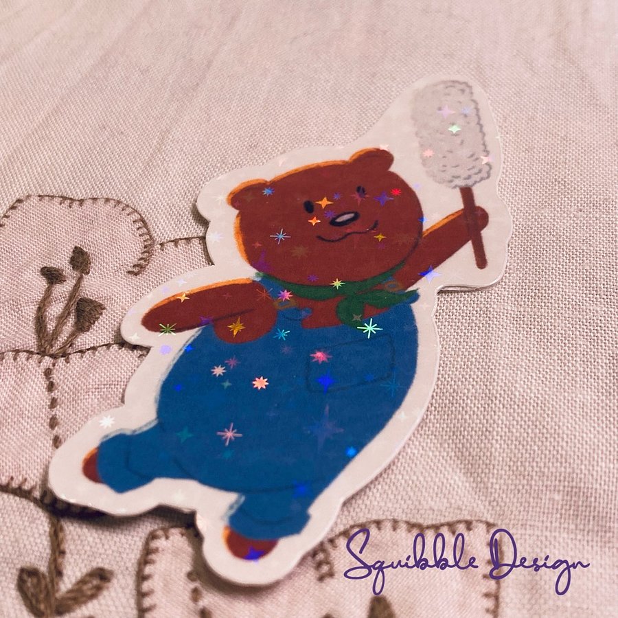 Holographic Vinyl Sticker - Cleaning Bear product image (1)