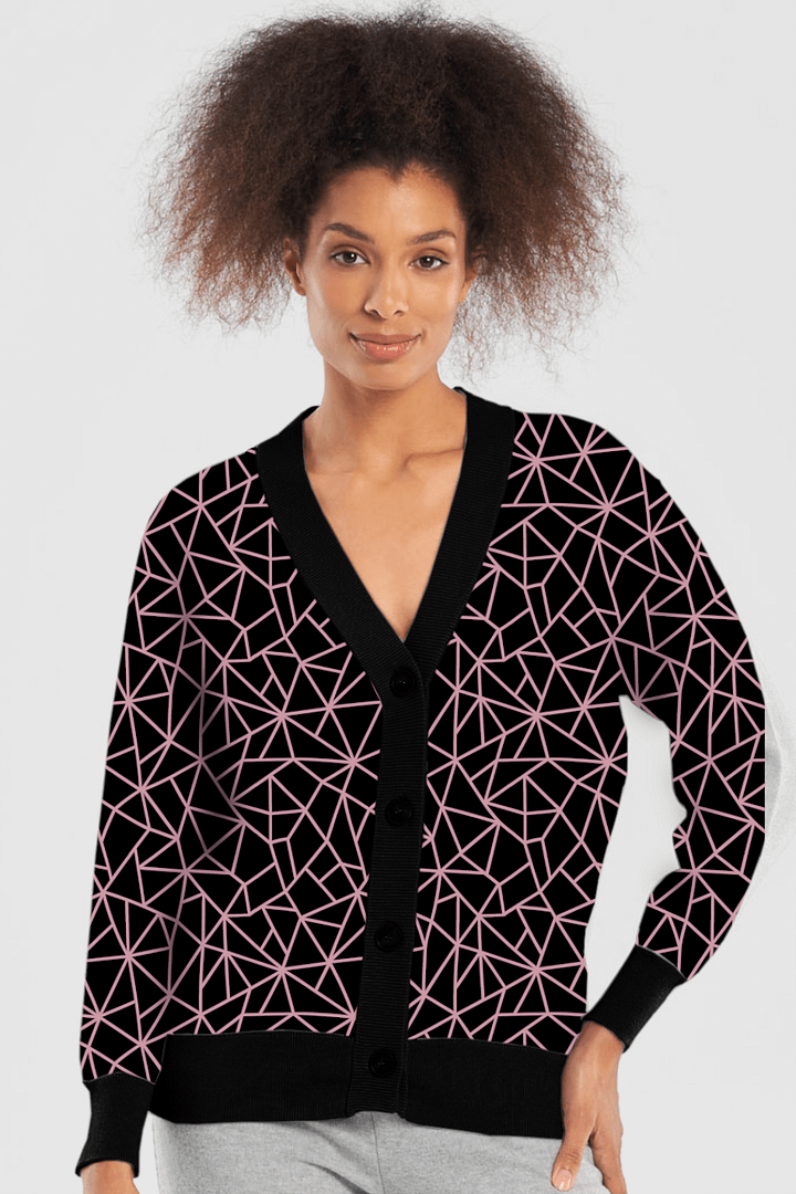 Pink Black Geometric Pattern Cardigan Sweater product image (10)