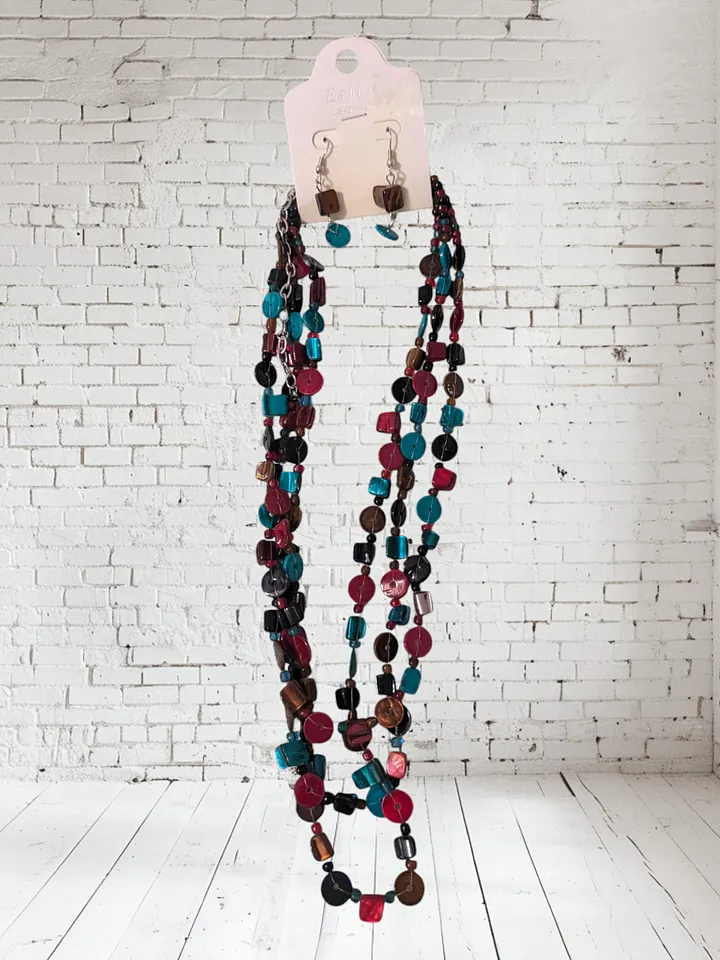 Blue, Red & Brown Necklace and Earring Set product image (1)