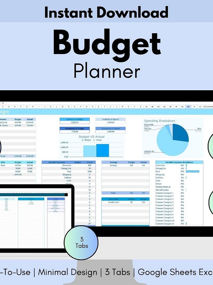 Easy Blue Budget Planner for Google Sheet Monthly Budget Spreadsheet Personal Finance Tracker Money Management Spreadsheet product image (1)
