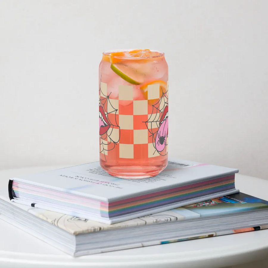 Spooky Chic: Halloween Glassware -Playful Spider and Tongue Design - Can, Wood Cover and Metal Straw product image (4)