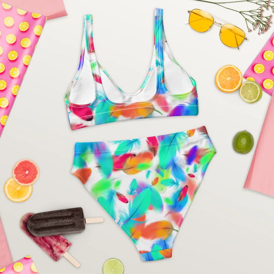 Colorful Feather Pattern Design High Waisted Bikini - v3 product image (7)